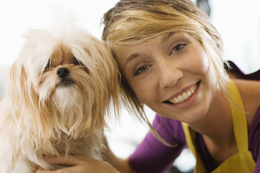 About Our Agency - Smiling Dog Groomer Portrait with a Small Dog
